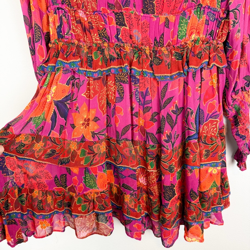 Farm Rio Tropical Tapestry Mini Dress Long Sleeve Floral Pink Size Medium - Picture 9 of 16